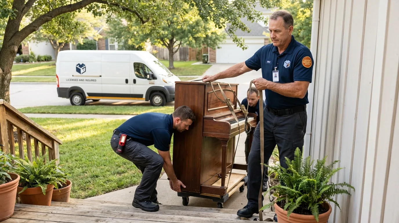 Licensed piano movers securing grand piano in Lexington, IL