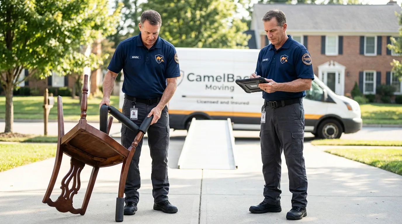Movers inspecting furniture for damage prevention before loading in Lexington, IL