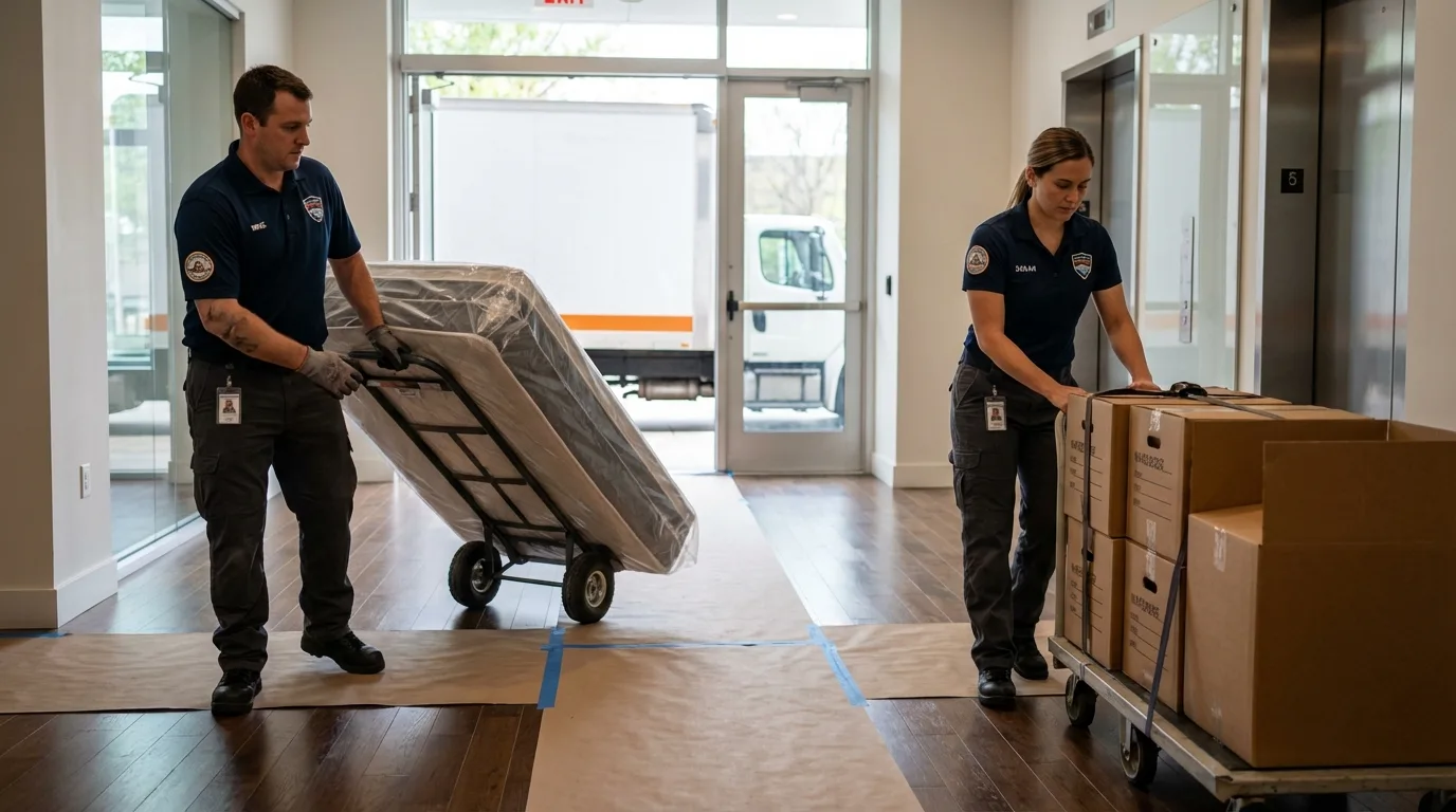 Professional apartment movers loading elevator in Lexington, IL