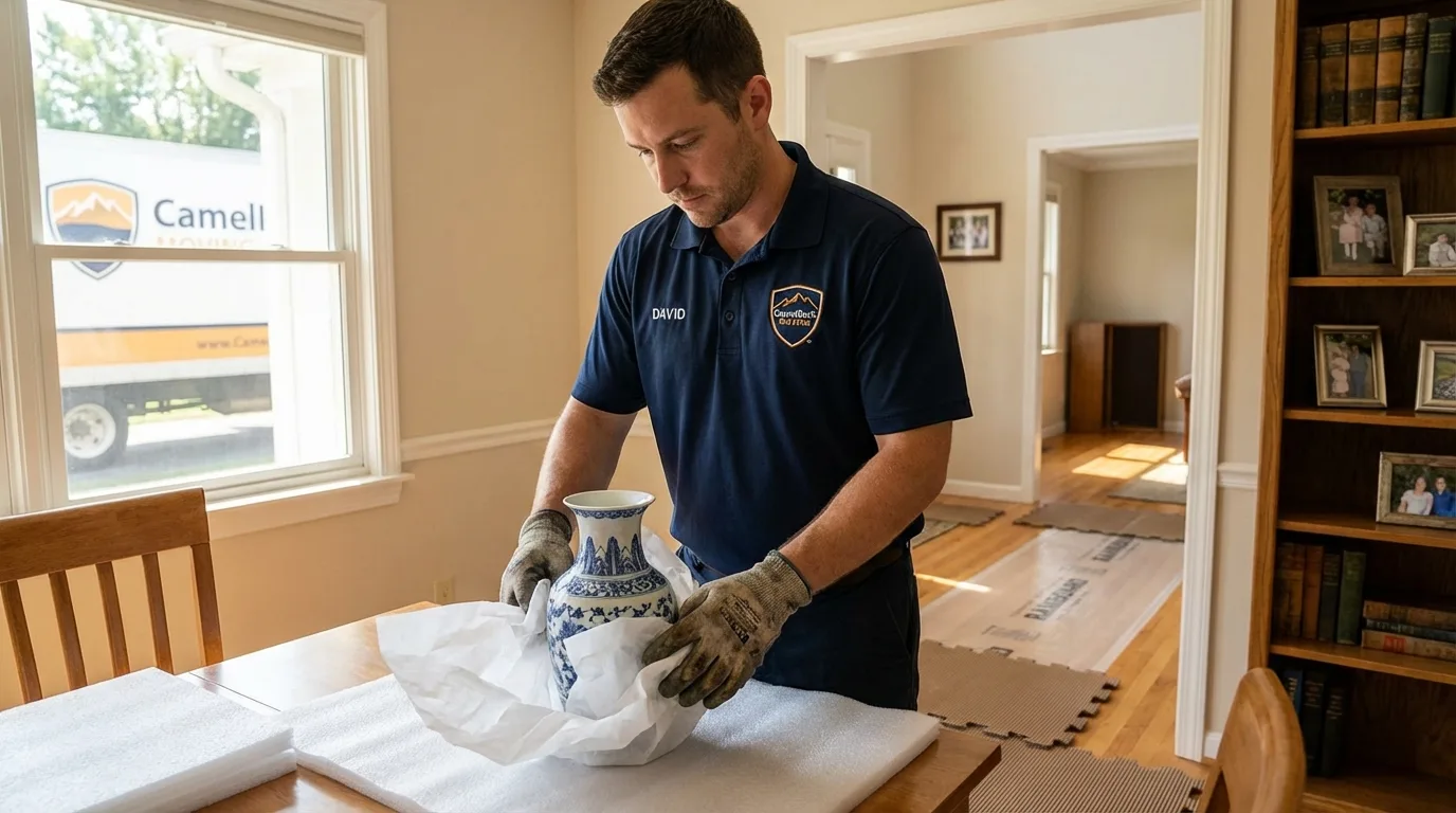 Professional crew carefully wrapping antique vase for senior downsizing move in Lexington, IL